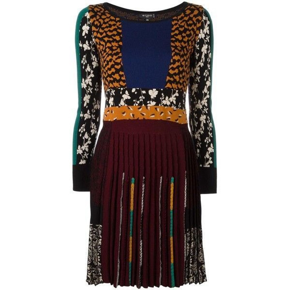 Etro Italian Entarsia Long Sleeve Textured, Patterened, Pleated Dress-Size 42